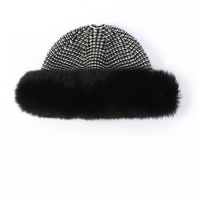 Womens Cashmere Knit Hat with Real Fur Trim Cashmere Bucket Hat