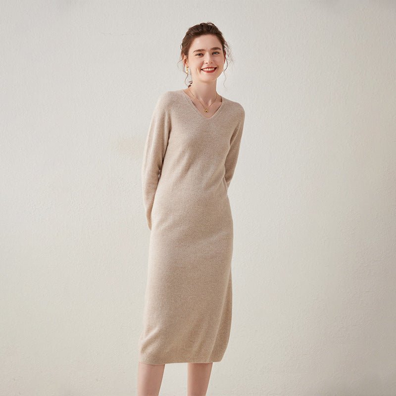 Womens Cashmere Knit Midi Dress Long Sleeve V Neck Cashmere Dress