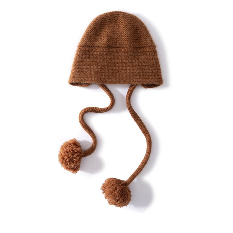 Womens Cashmere Knit Pom - Pom Hat with Ties Cute Cashmere Cap Camel M