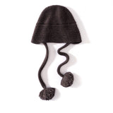 Womens Cashmere Knit Pom - Pom Hat with Ties Cute Cashmere Cap Taupe M