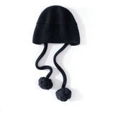 Womens Cashmere Knit Pom - Pom Hat with Ties Cute Cashmere Cap Black M