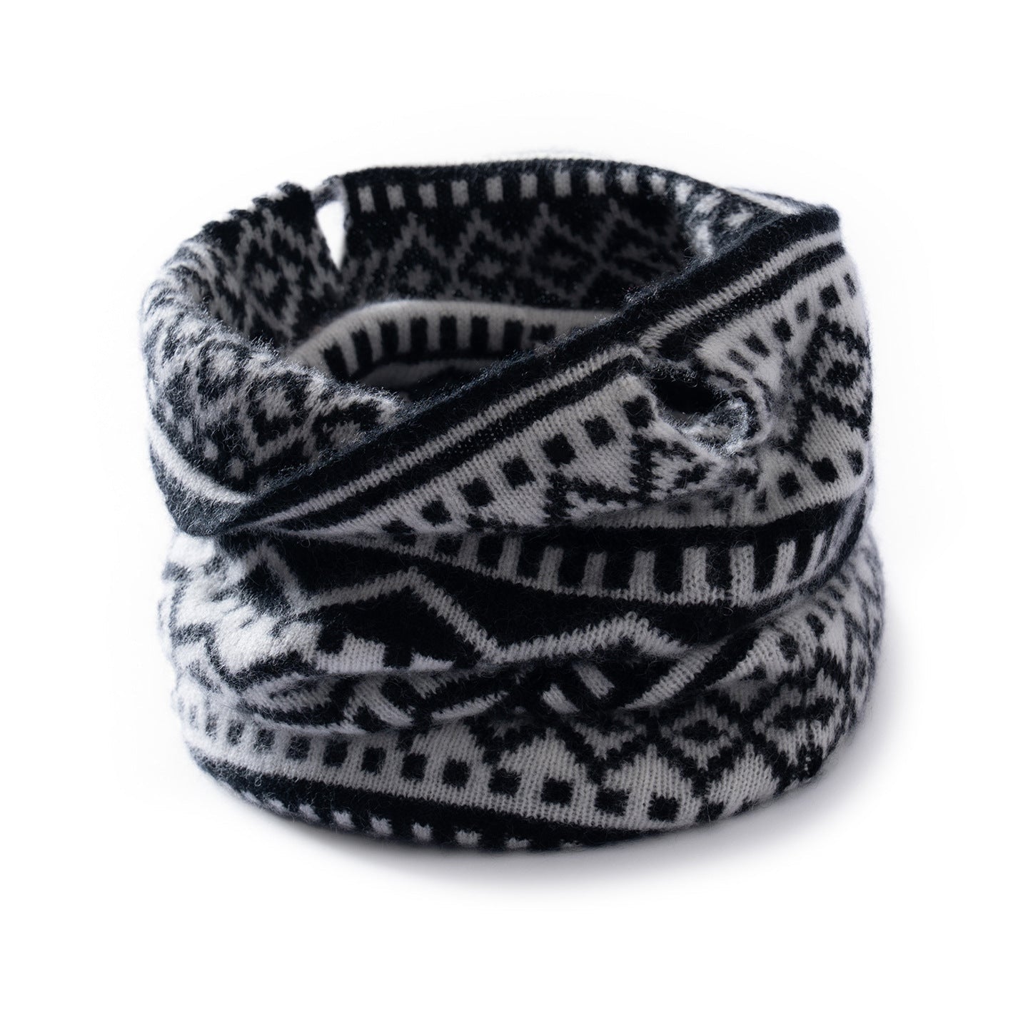 Womens Cashmere Neck Warmer Fair Isle Ear-hanging Cashmere Snood Scarf Black M