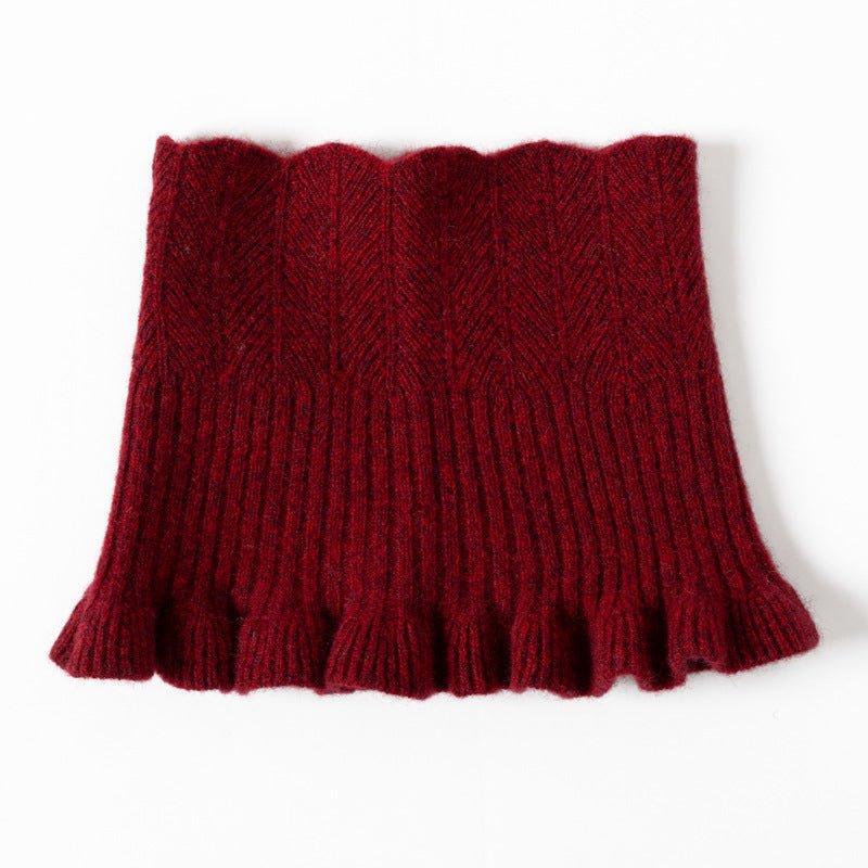 Womens Cashmere Neck Warmer Ribbed Knit Cashmere Snood with Ruffled Edge Claret M