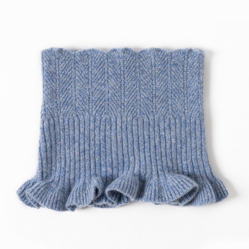 Womens Cashmere Neck Warmer Ribbed Knit Cashmere Snood with Ruffled Edge Blue M