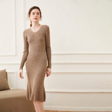 Womens Cashmere Ribbed Knit Midi Dress V Neck Flared Hem Mermaid Dress Taupe XS