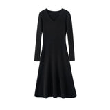 Womens Cashmere Ribbed Knit Midi Dress V Neck Flared Hem Mermaid Dress Black XS
