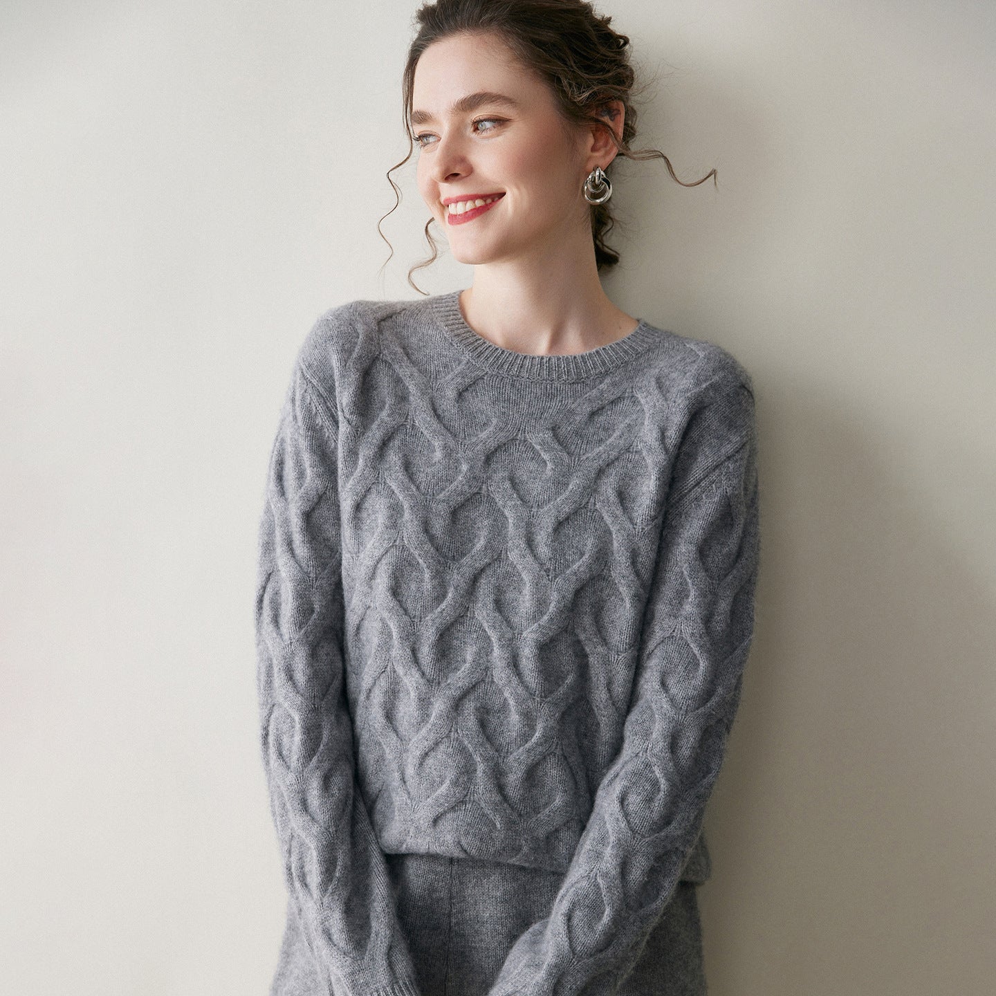 Womens Cashmere Sweater Cable Knit Cashmere Pullover Ribbed Crew Neckline Gray XS