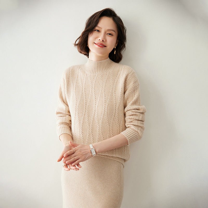 Womens Half Turtleneck Cashmere Sweater Knitted Cashmere Pullover Beige XS