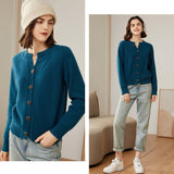 Womens Crew Neck Button - Up Cashmere Cardigan With Ribbed Trim