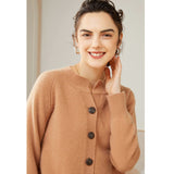 Womens Crew Neck Button - Up Cashmere Cardigan With Ribbed Trim