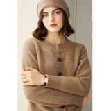 Womens Crew Neck Button - Up Cashmere Cardigan With Ribbed Trim