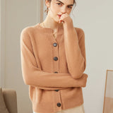 Womens Crew Neck Button - Up Cashmere Cardigan With Ribbed Trim
