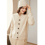 Womens Crew Neck Button - Up Cashmere Cardigan With Ribbed Trim