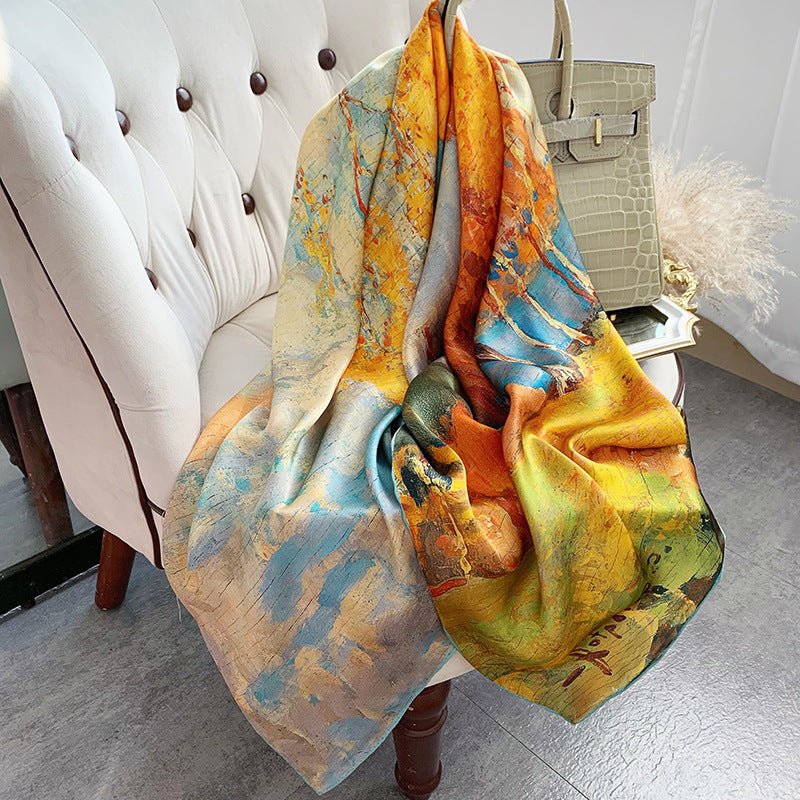 Womens Colorful Long Silk Scarf Landscape Print Square Silk Scarves
