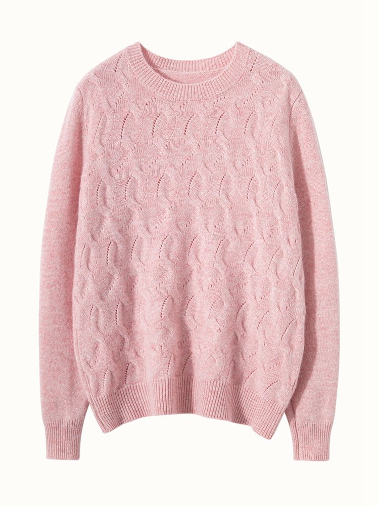 Womens Crew Neck Textured Knit Cashmere Sweater Pullover Pink XS