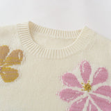 Womens Crew Neck Cashmere Sweater Colorful Floral Intarsia Pullover