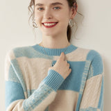 Womens Crew Neck Cashmere Sweater Warm Plaid Cashmere Knit Pullover Blue - 1 XS