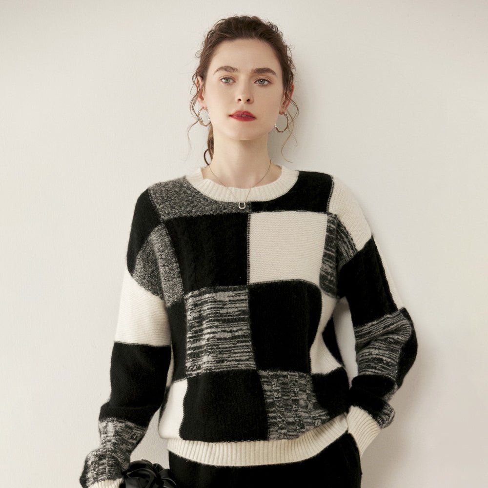 Womens Crew Neck Cashmere Sweater Warm Plaid Cashmere Knit Pullover Black XS