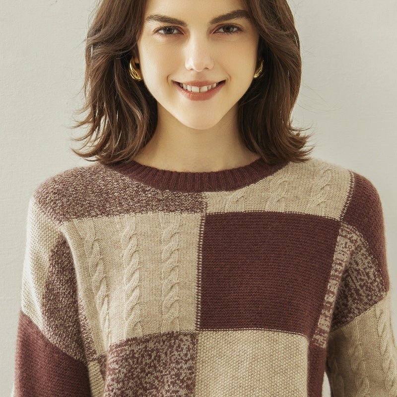 Womens Crew Neck Cashmere Sweater Warm Plaid Cashmere Knit Pullover Coffee XS
