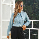 Womens Silk Blouse Long Sleeve Bow - tie Neck Silk Shirts