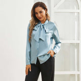 Womens Silk Blouse Long Sleeve Bow - tie Neck Silk Shirts