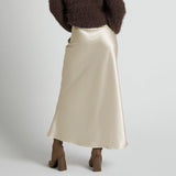 Womens Elegant Flow Silk Maxi Skirt High Waist Silk Dress