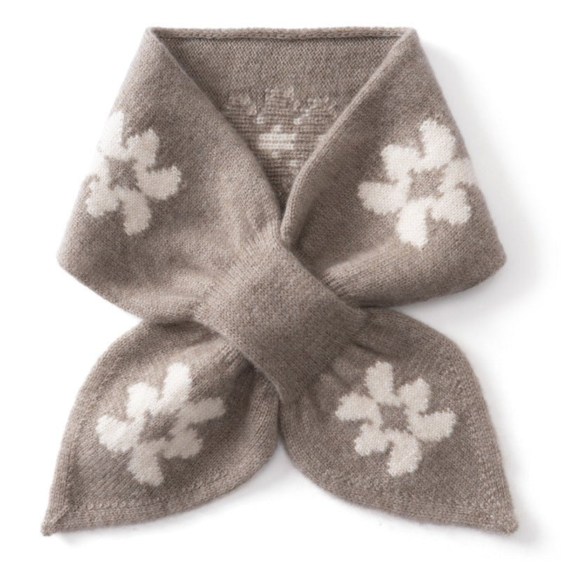 Womens Floral Knit Cashmere Scarf Bow Knot Cashmere Neck Warmer Taupe M