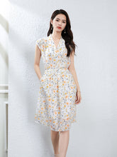 Womens Floral Silk Dress with Drawstring Waist Cap Sleeve Silk Midi Dress Ivory XS