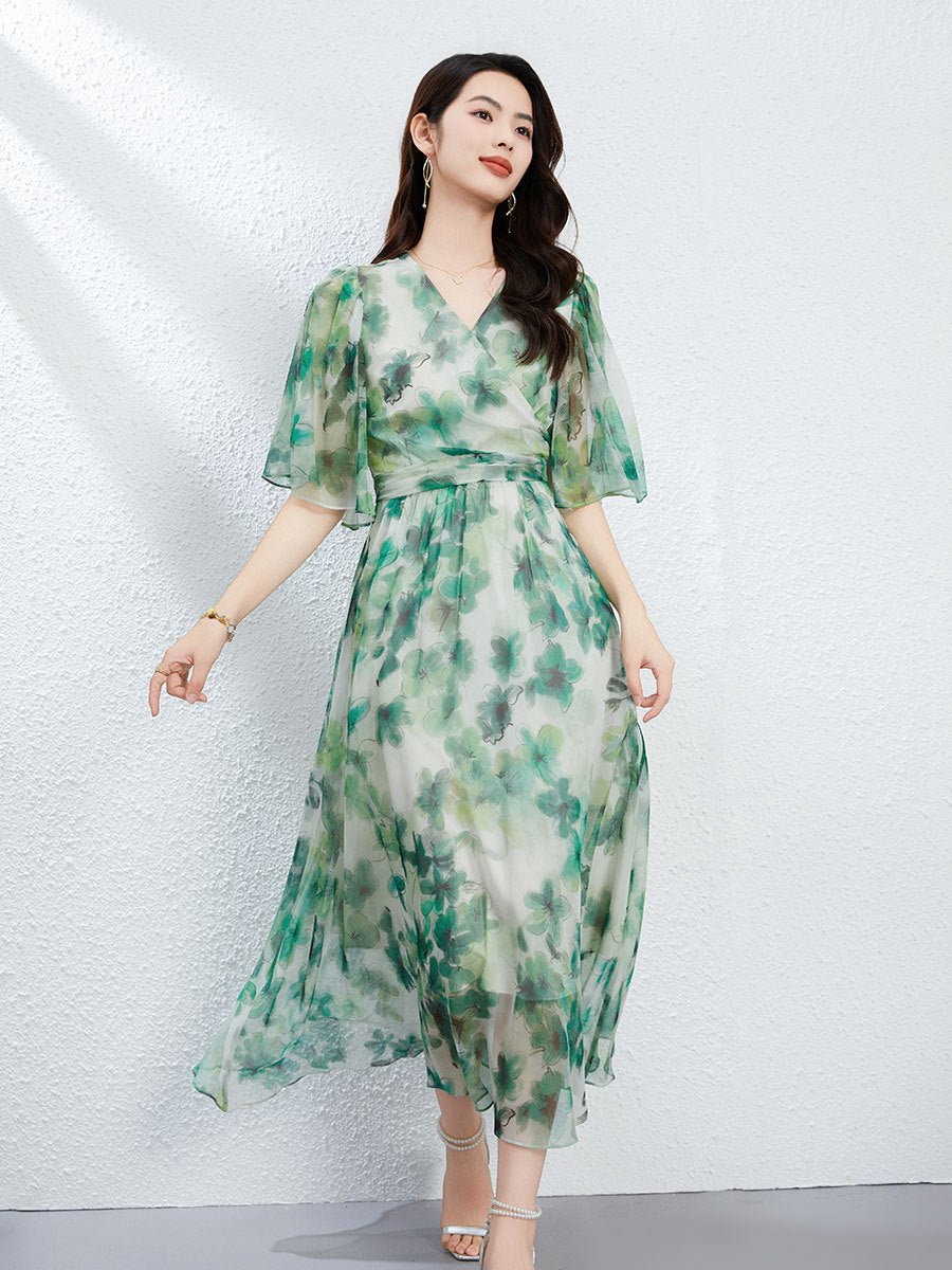 Womens Green Silk Chiffon Dress Silk Maxi Dress Silk Floral Dress Green XS