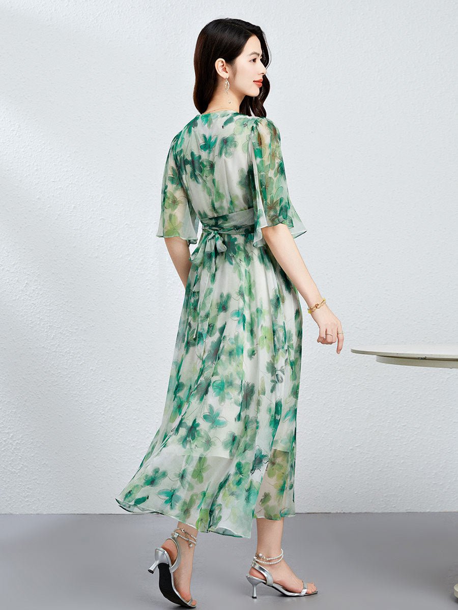 Womens Green Silk Chiffon Dress Silk Maxi Dress Silk Floral Dress Green XS