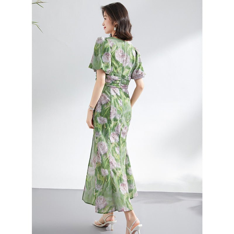 Womens Green Silk Floral Ruched Maxi Dress Slit Silk Dresses