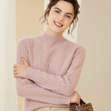 Womens Diamond Cable Knit Mock Neck Long Sleeve Cashmere Sweater