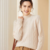 Womens Diamond Cable Knit Mock Neck Long Sleeve Cashmere Sweater