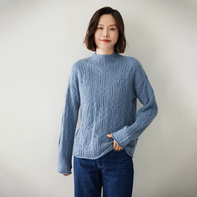 Womens Half Turtleneck Cashmere Sweater Cut - out Cashmere Pullover Blue XS