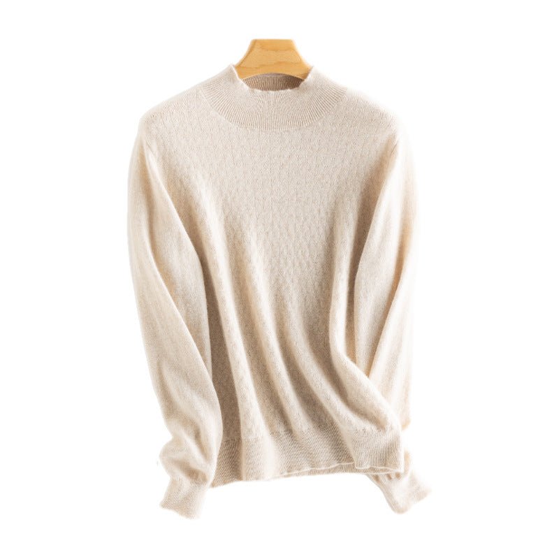 Womens Mock Neck Pure Cashmere Sweater Jacquard Cashmere Pullover Ivory XS