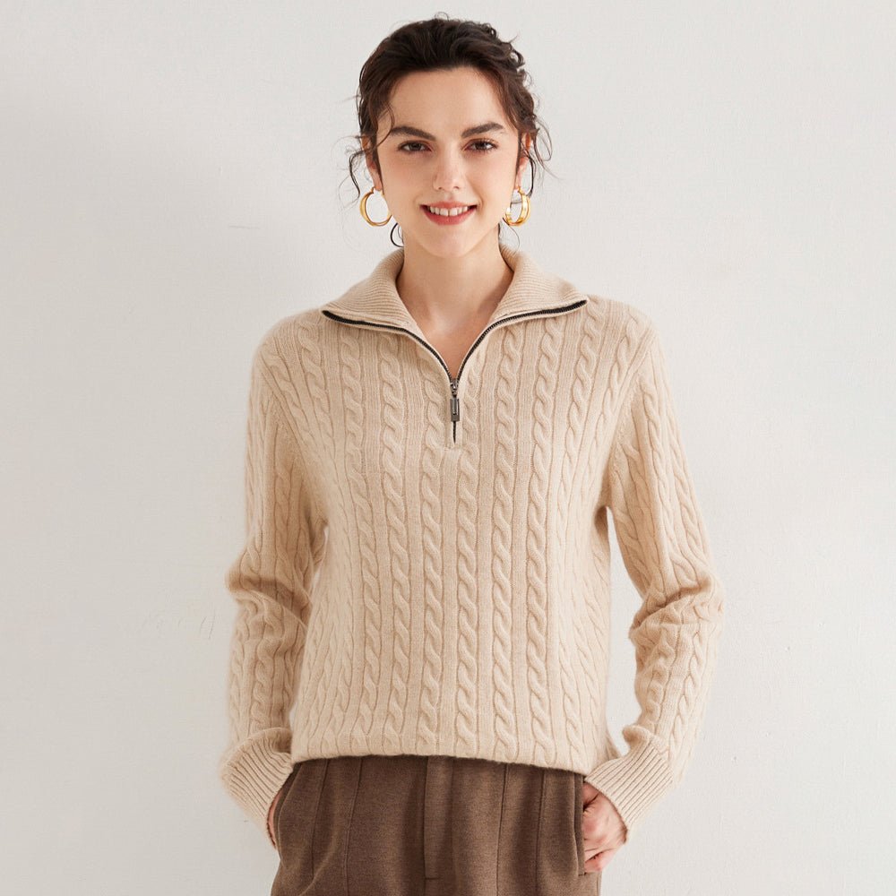 Womens Half-Zip Cable Knit Pure Cashmere Sweater Collared Cashmere Pullover Camel XS