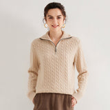 Womens Half-Zip Cable Knit Pure Cashmere Sweater Collared Cashmere Pullover Camel XS