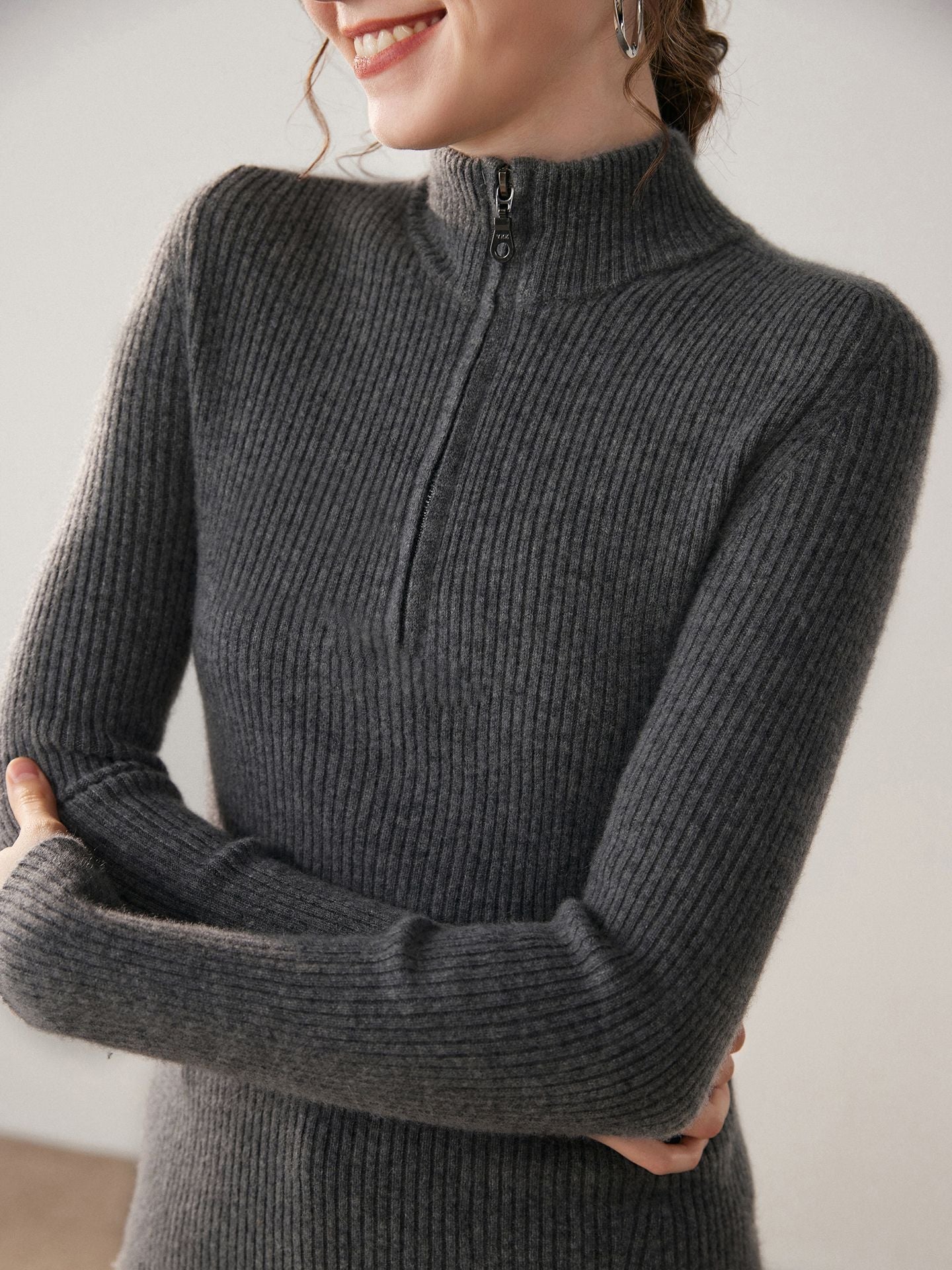 Womens Half-Zip Cashmere Sweater Mock Neck Ribbed Cashmere Pullover Gray XS
