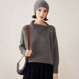 Lady Asymmetrical Buttoned Collar Cashmere Sweater Cashmere Pullover