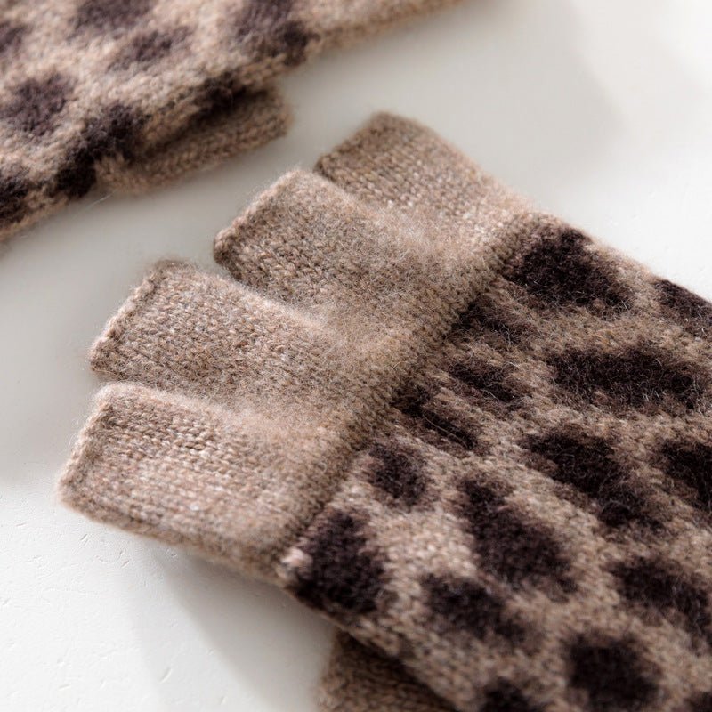 Womens Leopard Print Cashmere Gloves Knitted Half - finger Gloves