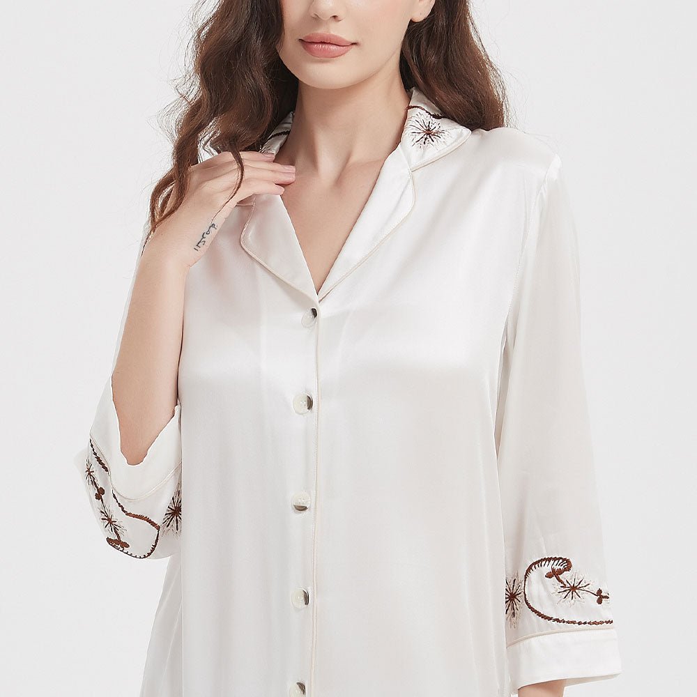 Women's Long Sleeves 100% Silk Nightshirts With Embroidery