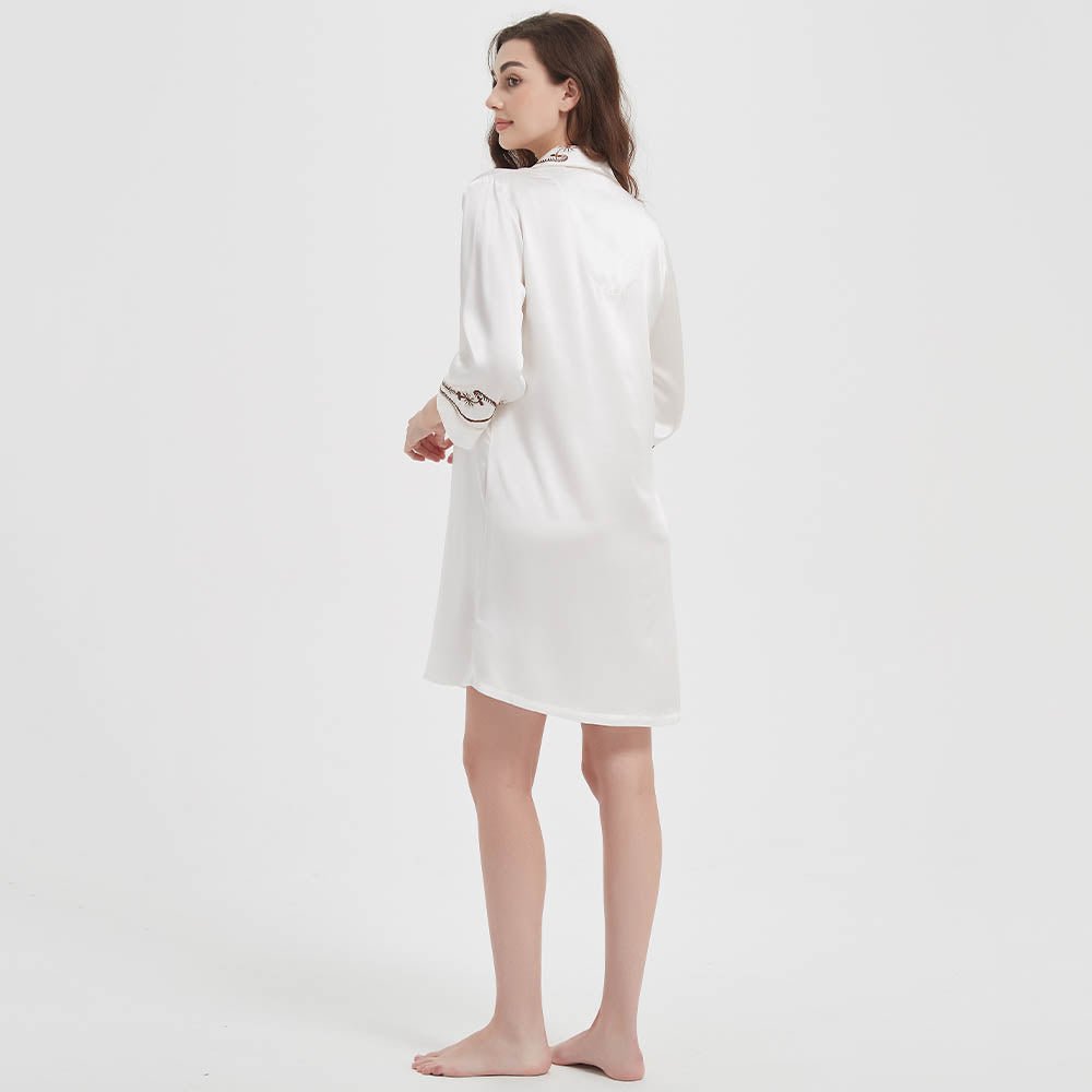 Women's Long Sleeves 100% Silk Nightshirts With Embroidery