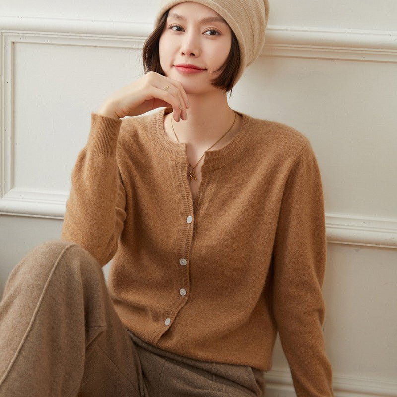 Womens Cashmere Cardigan Crew Neck Long Sleeve Cashmere Coat