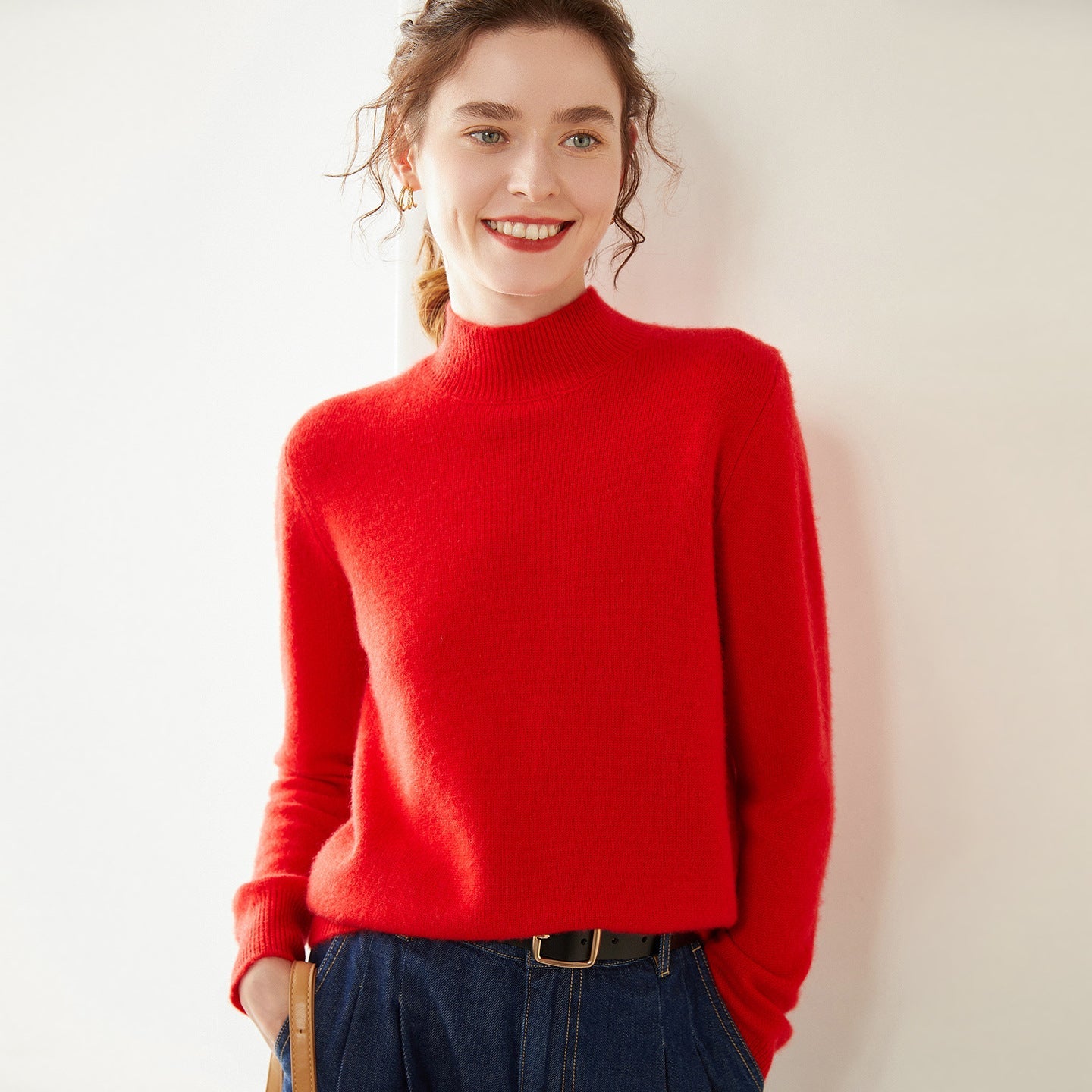 Womens Mock Neck Cashmere Sweater Long Sleeve Cashmere Pullover Multi Colors Red XS