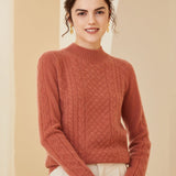Womens Cable Knit Long Sleeves Mock Neck Cashmere Sweater