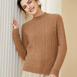 Womens Cable Knit Long Sleeves Mock Neck Cashmere Sweater