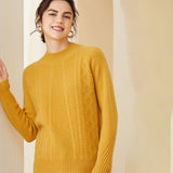 Womens Cashmere Cable Knit Sweater Crew Neck Long Sleeves Sweater