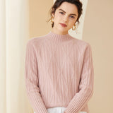 Womens Crew Neck Textured Cable Knit Long Sleeve Cashmere Sweater