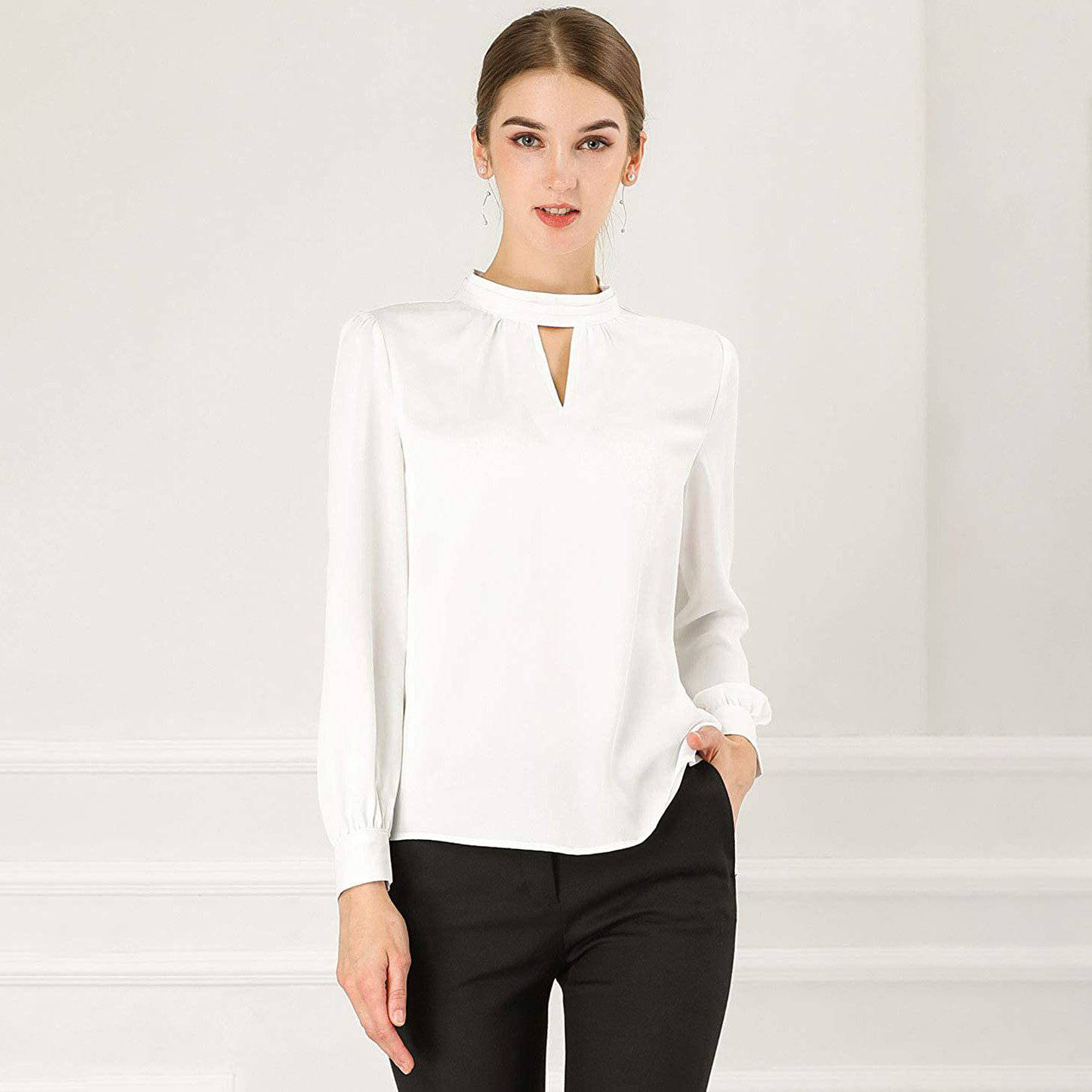 Women's Office Silk Shirt Keyhole Elegant Stand Collar Long Sleeve Silk Blouses