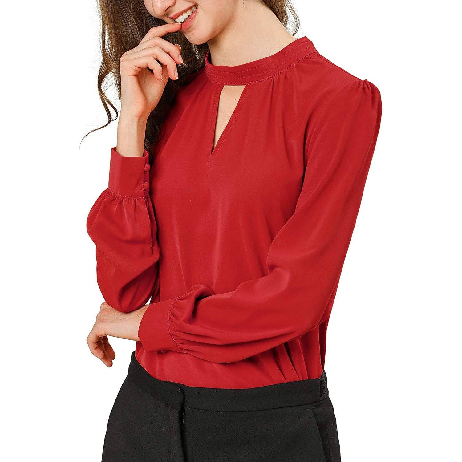 Women's Office Silk Shirt Keyhole Elegant Stand Collar Long Sleeve Silk Blouses
